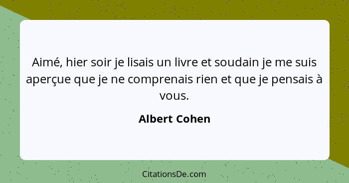 Aimé, hier soir je lisais un livre et soudain je me suis aperçue que je ne comprenais rien et que je pensais à vous.... - Albert Cohen