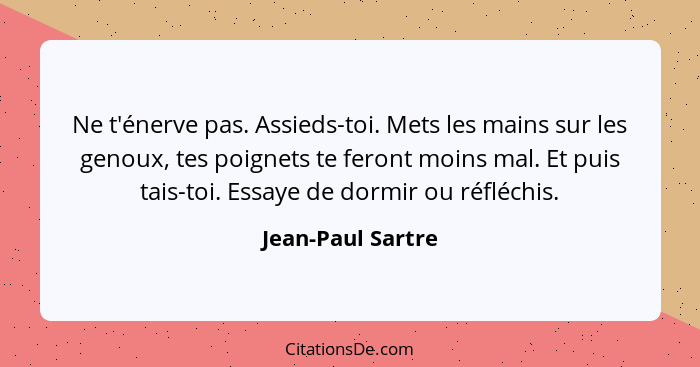 Ne t'énerve pas. Assieds-toi. Mets les mains sur les genoux, tes poignets te feront moins mal. Et puis tais-toi. Essaye de dormir o... - Jean-Paul Sartre