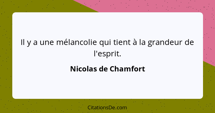 Il y a une mélancolie qui tient à la grandeur de l'esprit.... - Nicolas de Chamfort