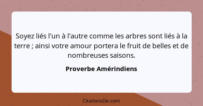 Soyez liés l'un à l'autre comme les arbres sont liés à la terre ; ainsi votre amour portera le fruit de belles et de nombr... - Proverbe Amérindiens