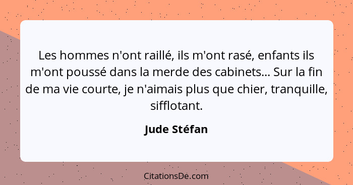 Les hommes n'ont raillé, ils m'ont rasé, enfants ils m'ont poussé dans la merde des cabinets... Sur la fin de ma vie courte, je n'aimais... - Jude Stéfan