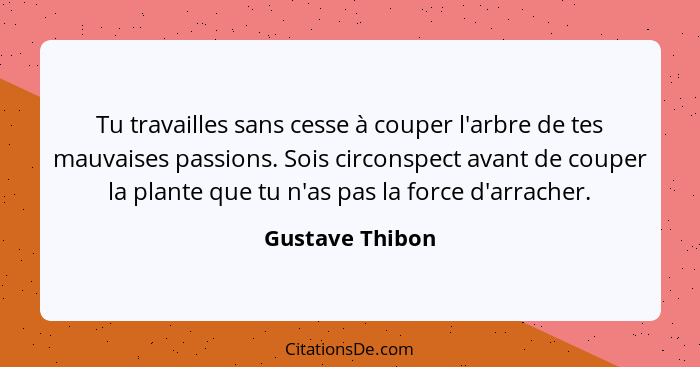 Tu travailles sans cesse à couper l'arbre de tes mauvaises passions. Sois circonspect avant de couper la plante que tu n'as pas la fo... - Gustave Thibon