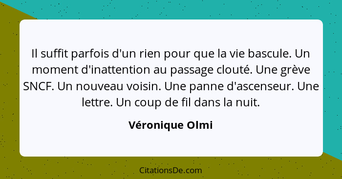 Il suffit parfois d'un rien pour que la vie bascule. Un moment d'inattention au passage clouté. Une grève SNCF. Un nouveau voisin. Un... - Véronique Olmi