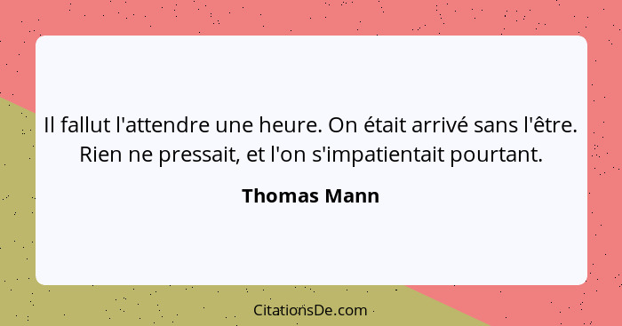 Il fallut l'attendre une heure. On était arrivé sans l'être. Rien ne pressait, et l'on s'impatientait pourtant.... - Thomas Mann