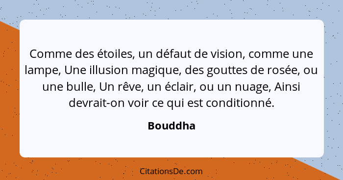 Comme des étoiles, un défaut de vision, comme une lampe, Une illusion magique, des gouttes de rosée, ou une bulle, Un rêve, un éclair, ou un... - Bouddha