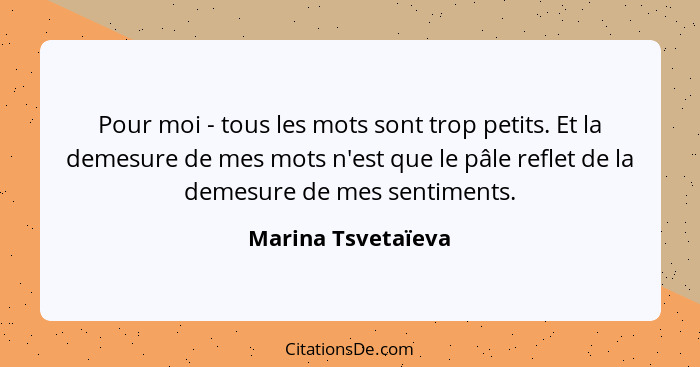 Pour moi - tous les mots sont trop petits. Et la demesure de mes mots n'est que le pâle reflet de la demesure de mes sentiments.... - Marina Tsvetaïeva