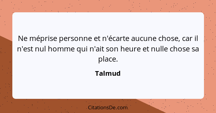 Ne méprise personne et n'écarte aucune chose, car il n'est nul homme qui n'ait son heure et nulle chose sa place.... - Talmud