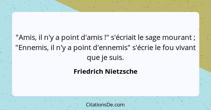 "Amis, il n'y a point d'amis !" s'écriait le sage mourant ; "Ennemis, il n'y a point d'ennemis" s'écrie le fou vivant... - Friedrich Nietzsche