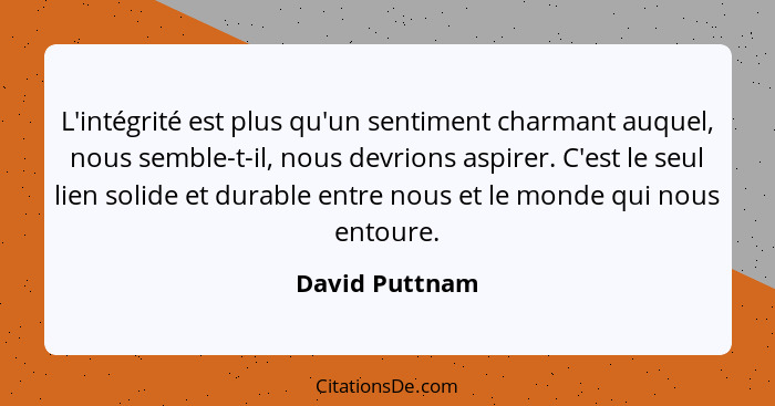 L'intégrité est plus qu'un sentiment charmant auquel, nous semble-t-il, nous devrions aspirer. C'est le seul lien solide et durable en... - David Puttnam