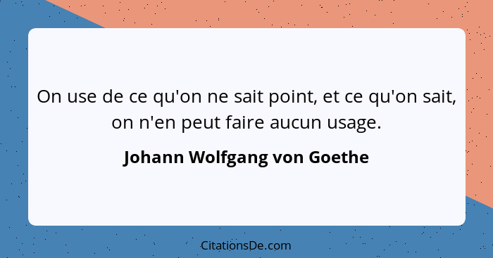 On use de ce qu'on ne sait point, et ce qu'on sait, on n'en peut faire aucun usage.... - Johann Wolfgang von Goethe