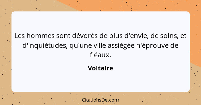 Les hommes sont dévorés de plus d'envie, de soins, et d'inquiétudes, qu'une ville assiégée n'éprouve de fléaux.... - Voltaire