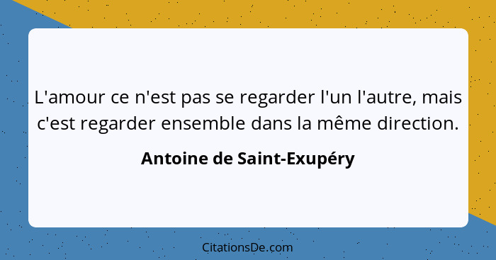 L'amour ce n'est pas se regarder l'un l'autre, mais c'est regarder ensemble dans la même direction.... - Antoine de Saint-Exupéry