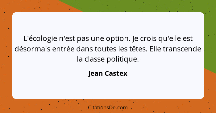 L'écologie n'est pas une option. Je crois qu'elle est désormais entrée dans toutes les têtes. Elle transcende la classe politique.... - Jean Castex