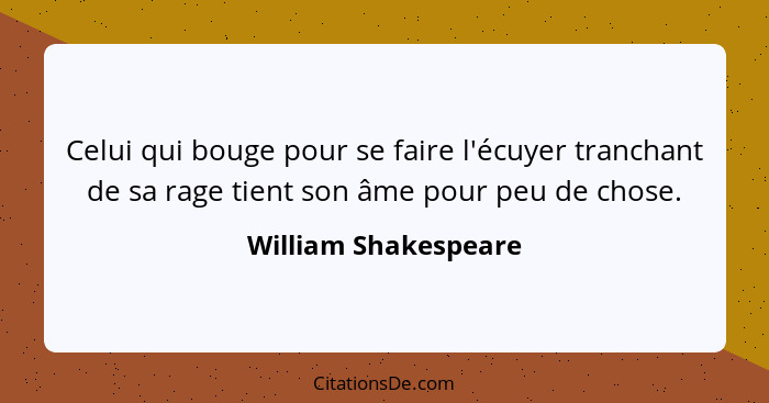 Celui qui bouge pour se faire l'écuyer tranchant de sa rage tient son âme pour peu de chose.... - William Shakespeare