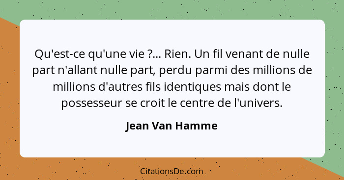 Qu'est-ce qu'une vie ?... Rien. Un fil venant de nulle part n'allant nulle part, perdu parmi des millions de millions d'autres f... - Jean Van Hamme