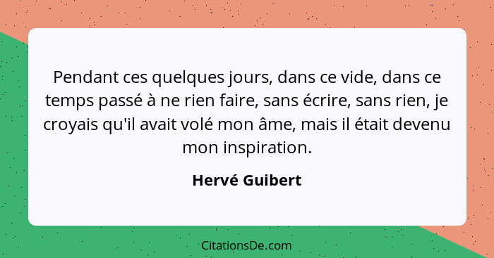 Pendant ces quelques jours, dans ce vide, dans ce temps passé à ne rien faire, sans écrire, sans rien, je croyais qu'il avait volé mon... - Hervé Guibert