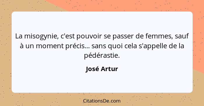 La misogynie, c'est pouvoir se passer de femmes, sauf à un moment précis... sans quoi cela s'appelle de la pédérastie.... - José Artur