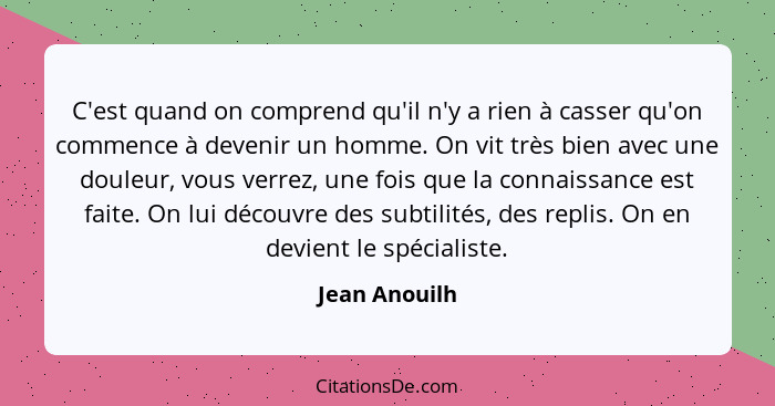 C'est quand on comprend qu'il n'y a rien à casser qu'on commence à devenir un homme. On vit très bien avec une douleur, vous verrez, un... - Jean Anouilh