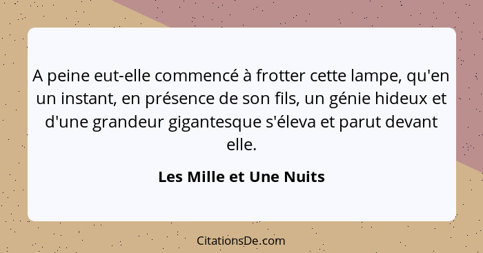 A peine eut-elle commencé à frotter cette lampe, qu'en un instant, en présence de son fils, un génie hideux et d'une grandeur... - Les Mille et Une Nuits