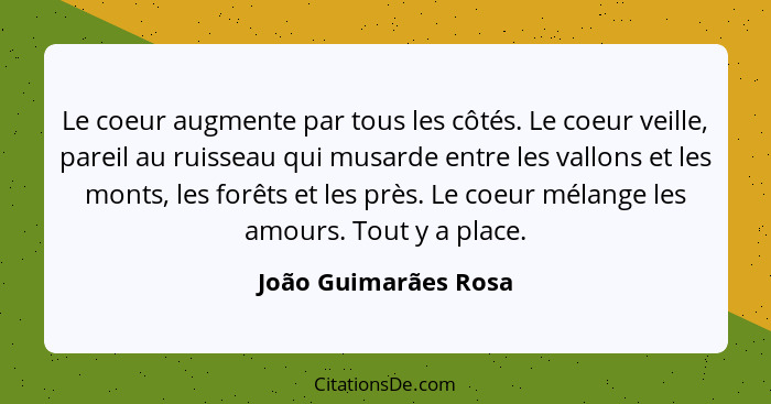 Le coeur augmente par tous les côtés. Le coeur veille, pareil au ruisseau qui musarde entre les vallons et les monts, les forêts... - João Guimarães Rosa