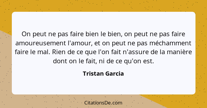 On peut ne pas faire bien le bien, on peut ne pas faire amoureusement l'amour, et on peut ne pas méchamment faire le mal. Rien de ce... - Tristan Garcia