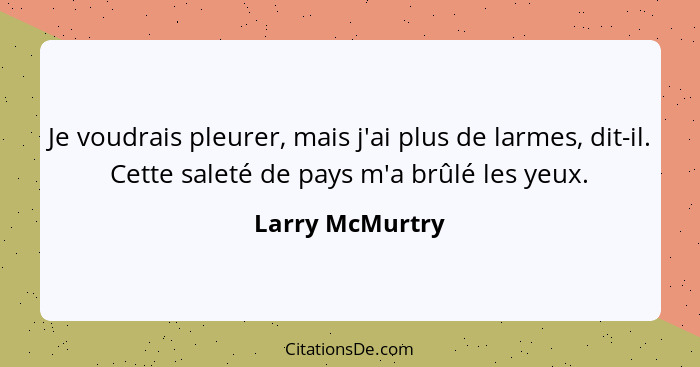 Je voudrais pleurer, mais j'ai plus de larmes, dit-il. Cette saleté de pays m'a brûlé les yeux.... - Larry McMurtry