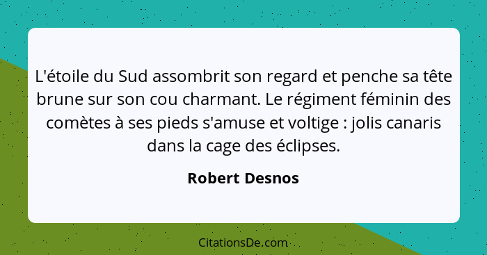 L'étoile du Sud assombrit son regard et penche sa tête brune sur son cou charmant. Le régiment féminin des comètes à ses pieds s'amuse... - Robert Desnos