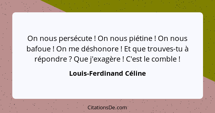 On nous persécute ! On nous piétine ! On nous bafoue ! On me déshonore ! Et que trouves-tu à répondre&nbs... - Louis-Ferdinand Céline