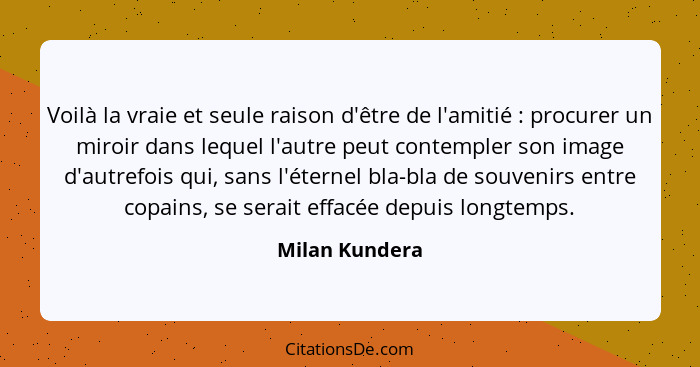 Voilà la vraie et seule raison d'être de l'amitié : procurer un miroir dans lequel l'autre peut contempler son image d'autrefois... - Milan Kundera