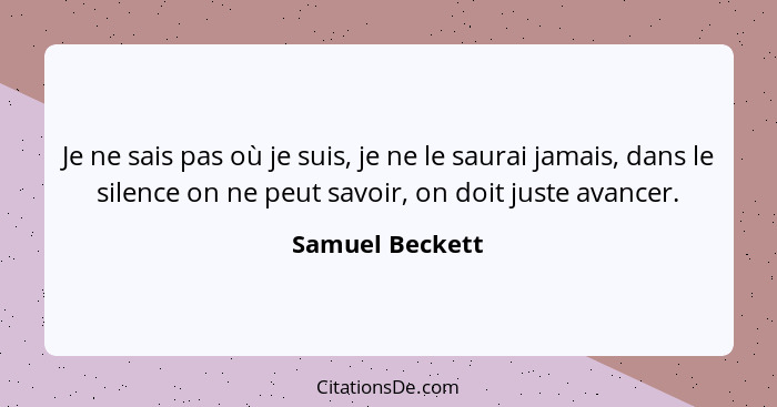 Je ne sais pas où je suis, je ne le saurai jamais, dans le silence on ne peut savoir, on doit juste avancer.... - Samuel Beckett