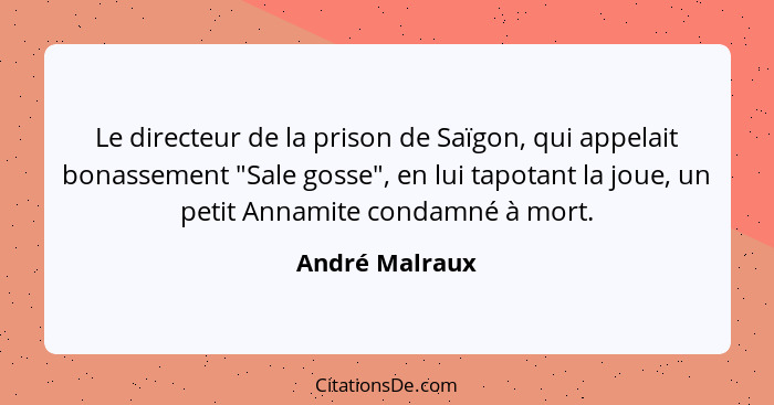 Le directeur de la prison de Saïgon, qui appelait bonassement "Sale gosse", en lui tapotant la joue, un petit Annamite condamné à mort... - André Malraux