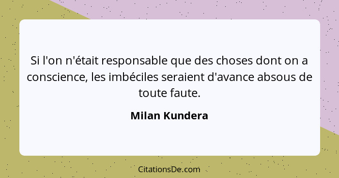 Si l'on n'était responsable que des choses dont on a conscience, les imbéciles seraient d'avance absous de toute faute.... - Milan Kundera