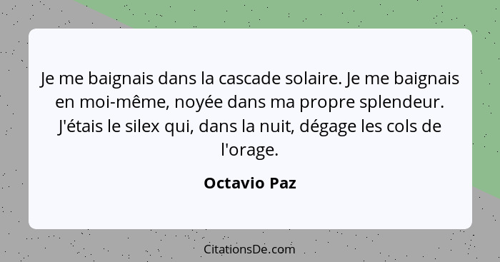 Je me baignais dans la cascade solaire. Je me baignais en moi-même, noyée dans ma propre splendeur. J'étais le silex qui, dans la nuit,... - Octavio Paz