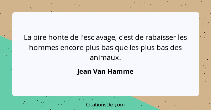 La pire honte de l'esclavage, c'est de rabaisser les hommes encore plus bas que les plus bas des animaux.... - Jean Van Hamme