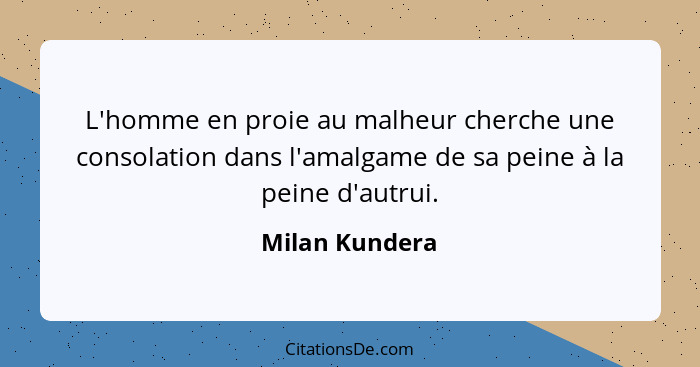 L'homme en proie au malheur cherche une consolation dans l'amalgame de sa peine à la peine d'autrui.... - Milan Kundera