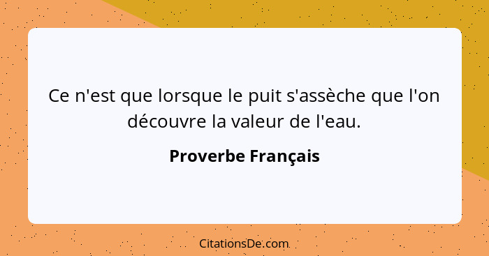 Ce n'est que lorsque le puit s'assèche que l'on découvre la valeur de l'eau.... - Proverbe Français