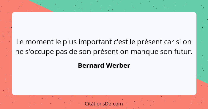 Le moment le plus important c'est le présent car si on ne s'occupe pas de son présent on manque son futur.... - Bernard Werber