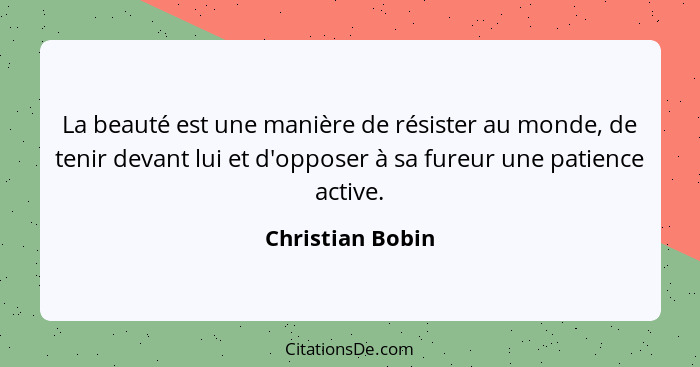 La beauté est une manière de résister au monde, de tenir devant lui et d'opposer à sa fureur une patience active.... - Christian Bobin