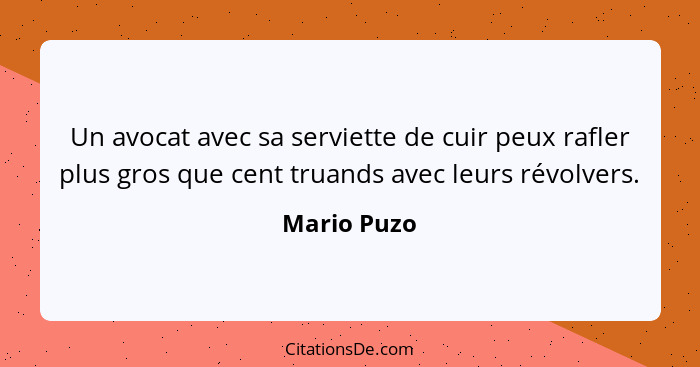 Un avocat avec sa serviette de cuir peux rafler plus gros que cent truands avec leurs révolvers.... - Mario Puzo