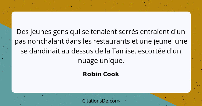 Des jeunes gens qui se tenaient serrés entraient d'un pas nonchalant dans les restaurants et une jeune lune se dandinait au dessus de la... - Robin Cook