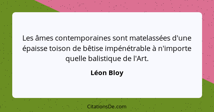 Les âmes contemporaines sont matelassées d'une épaisse toison de bêtise impénétrable à n'importe quelle balistique de l'Art.... - Léon Bloy