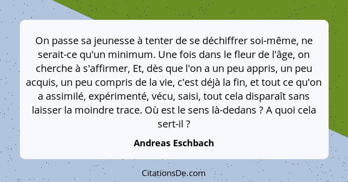 On passe sa jeunesse à tenter de se déchiffrer soi-même, ne serait-ce qu'un minimum. Une fois dans le fleur de l'âge, on cherche à... - Andreas Eschbach