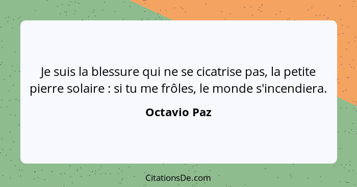 Je suis la blessure qui ne se cicatrise pas, la petite pierre solaire : si tu me frôles, le monde s'incendiera.... - Octavio Paz