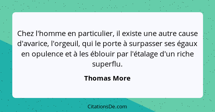 Chez l'homme en particulier, il existe une autre cause d'avarice, l'orgeuil, qui le porte à surpasser ses égaux en opulence et à les ébl... - Thomas More