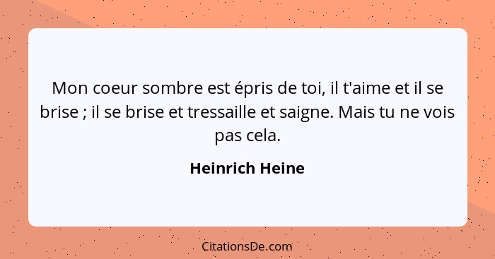 Mon coeur sombre est épris de toi, il t'aime et il se brise ; il se brise et tressaille et saigne. Mais tu ne vois pas cela.... - Heinrich Heine