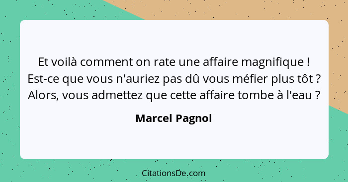 Et voilà comment on rate une affaire magnifique ! Est-ce que vous n'auriez pas dû vous méfier plus tôt ? Alors, vous admette... - Marcel Pagnol