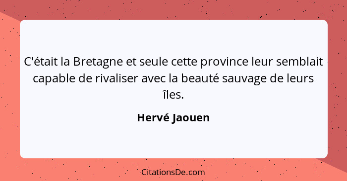 C'était la Bretagne et seule cette province leur semblait capable de rivaliser avec la beauté sauvage de leurs îles.... - Hervé Jaouen