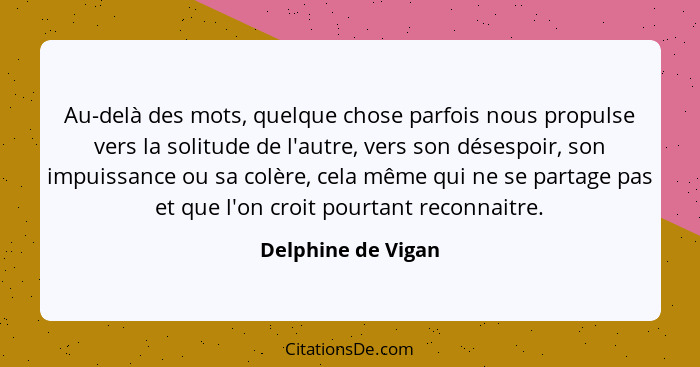 Au-delà des mots, quelque chose parfois nous propulse vers la solitude de l'autre, vers son désespoir, son impuissance ou sa colèr... - Delphine de Vigan