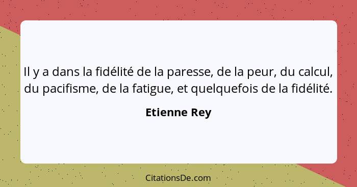 Il y a dans la fidélité de la paresse, de la peur, du calcul, du pacifisme, de la fatigue, et quelquefois de la fidélité.... - Etienne Rey