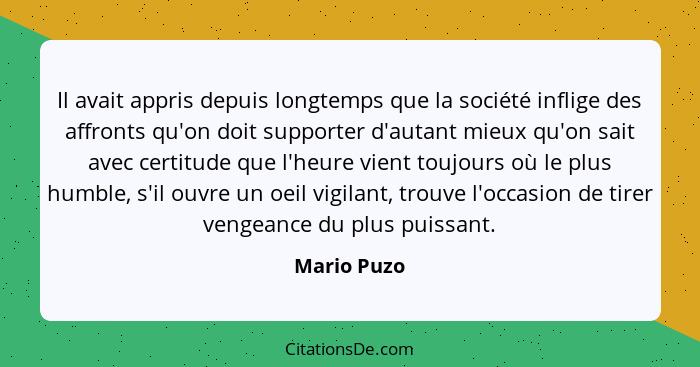 Il avait appris depuis longtemps que la société inflige des affronts qu'on doit supporter d'autant mieux qu'on sait avec certitude que l'... - Mario Puzo